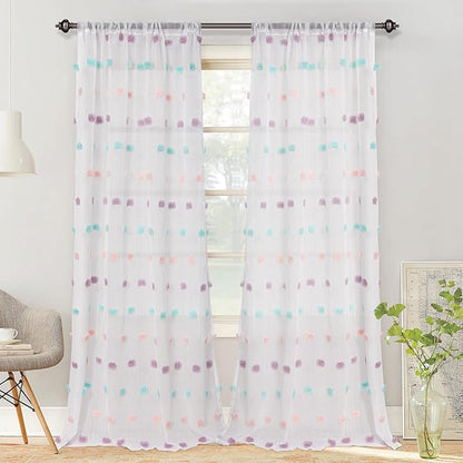 MYSKY HOME 95 Inch Curtains 2 Panels Living Room Rainbow Pom Pom Curtains for Bedroom Sliding Door Semi Sheer Boho Curtains Backdrops Dining Room Windows Drapes Rod Pocket 52 x 95 inch