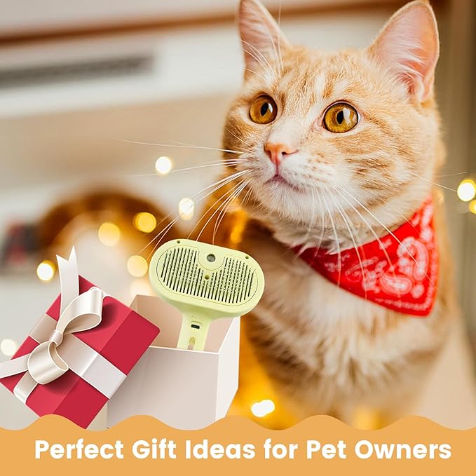 3 in 1 Cat Steam Brush, Pet Spray Hair Removal Comb for Shedding & Grooming, Water Brush for Cats Dogs Small Animals Long Short Haired with One-Click Release Button(Yellow)-Mewly Pet