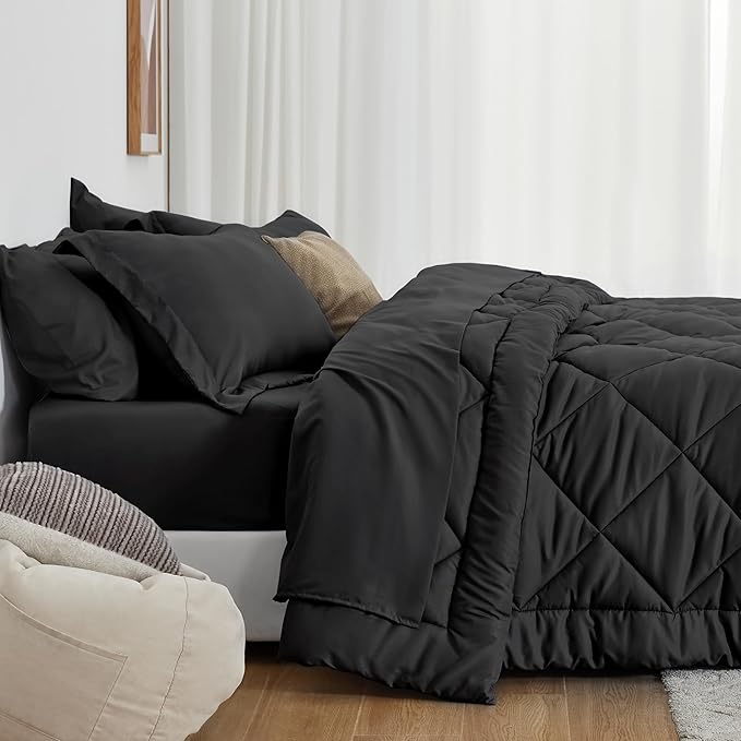 Love's cabin Twin XL Comforter Set Black, 5 Pieces Twin XL Bed in a Bag, All Season Bedding Sets with 1 Comforter, 1 Flat Sheet, 1 Fitted Sheet, 1 Pillowcase and 1 Pillow Sham