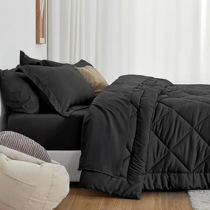 Love's cabin California King Comforter Set Black, 7 Pieces California King Bed in a Bag, All Season Bedding Sets with 1 Comforter, 1 Flat Sheet, 1 Fitted Sheet, 2 Pillowcase and 2 Pillow Sham
