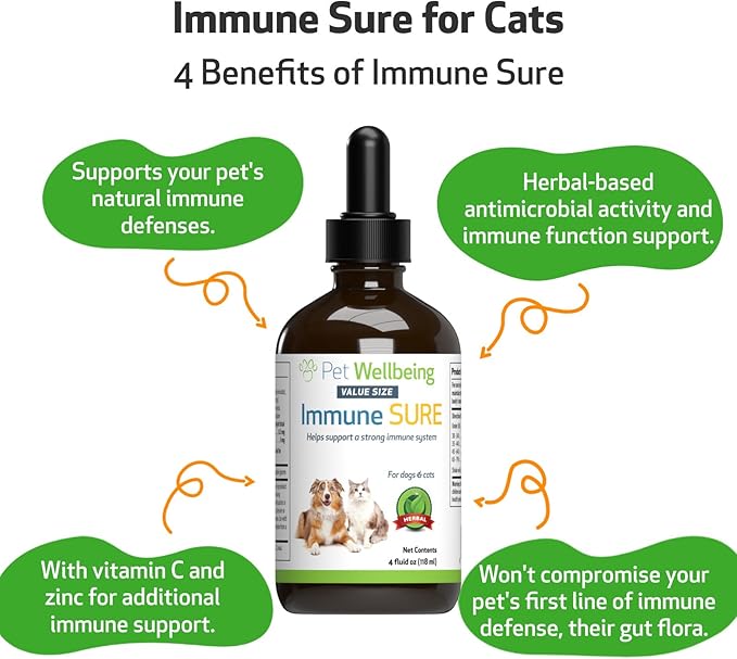 Pet Wellbeing Immune Sure for Dogs - Supports Normal Immune Defenses, Gut Flora Balance, Andrographis, Echinacea, Vitamin C, Zinc - Veterinarian-Formulated Herbal Supplement 4 oz (118 ml)-Mewly Pet