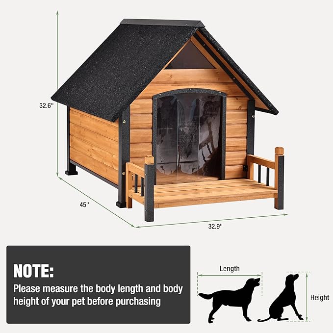 Dog House Outdoor with Anti-Chewing Iron Frame, Weatherproof Dog Kennel with Porch and Raised Feet for Small Medium Large Dogs Indoor (Brown, 45" x 32.9" x 32.6")-Mewly Pet