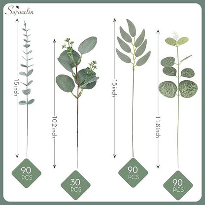 Serwalin 300 pcs Artificial Mixed Eucalyptus Leaves Stems Bulk, 4 Kinds Silver Dollar Eucalyptus Leaves Picks,Faux Greenery Stems Sprays for DIY Bouquets Floral Arrangement Home Decor