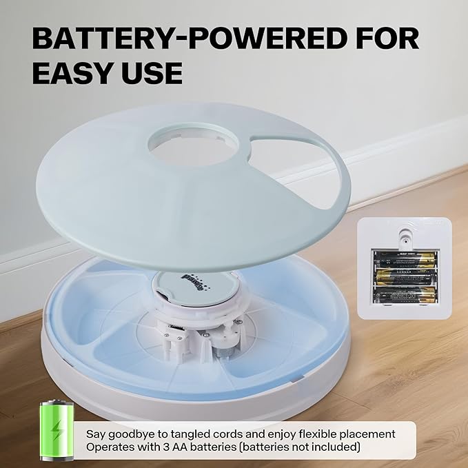 Pawise Automatic Cat Feeder, 6-Meal Programmable Pet Food Dispenser with Bird Chirp Sound Alert, Battery Operated, BPA-Free, Bonus Snack Ball Toy, for Cats & Small Dogs（Batteries Not Included-Mewly Pet