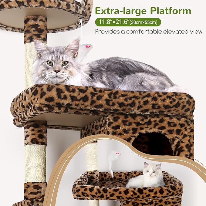 Globlazer Heavy Duty Cat Trees for Large Cats, Sturdy 72in Maine Coon Cat Tree for Large Cat 20 lbs+ Heavy Duty Cat Tower for Adult Biggest Cats with 6 Scratching Posts, Hammock, S72, Leopard Print-Mewly Pet