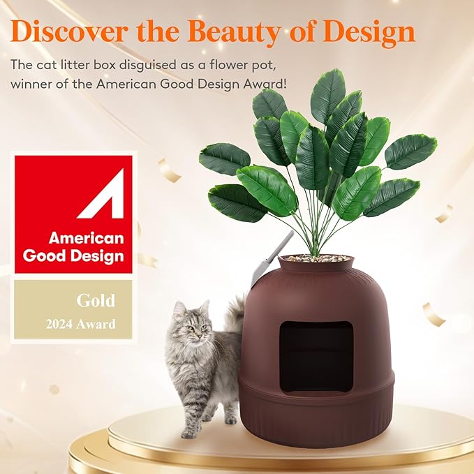 Lifewit Litter Box with Faux Plant & Scoop for Large Cat, Hidden Corner Enclosure Litter Tray with Odor Control & Carbon Filter in Living Room/Bedroom/Bathroom, Brown-Mewly Pet