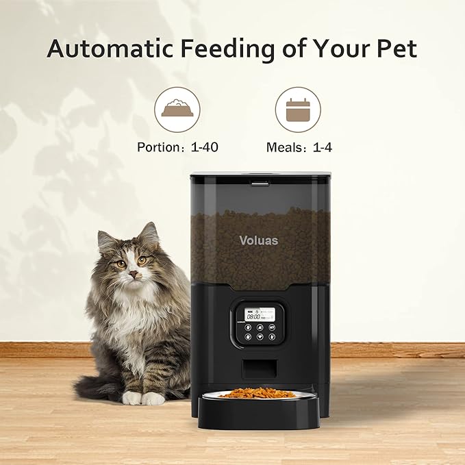 VOLUAS Cat Dry Food Dispenser with Timer, Automatic Cat Feeders with Desiccant Bag, Programmable Portion Size Control 4 Meals Per Day, 10s Voice Recorder-Mewly Pet