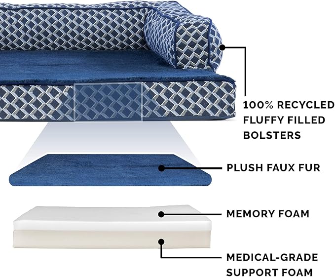 Furhaven Memory Foam Dog Bed for Medium/Small Dogs w/ Removable Bolsters & Washable Cover, For Dogs Up to 35 lbs - Plush & Woven Decor Comfy Couch Sofa - Diamond Blue, Medium-Mewly Pet