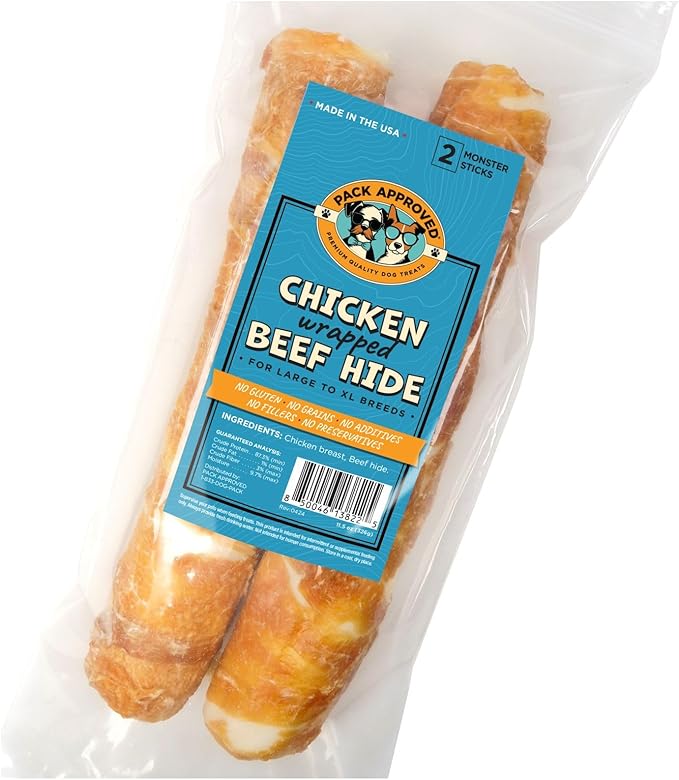 Chicken Wrapped Rawhide Beef Sticks - Long Lasting Chews for Aggressive Chewers - Treats for Large Dogs - XL (Pack of 2)-Mewly Pet