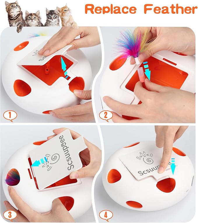 Interactive Cat Toy, Electric Cat Toys for Moving Concealed Feathers, Smart Sensor 7 Holes Whack a Mole Feather Toy, USB Charge Automatic Kitten Toys,White-Mewly Pet