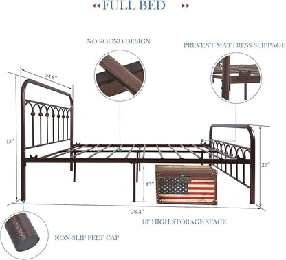 YALAXON Vintage Sturdy Full Size Metal Bed Frame with Headboard and Footboard Basic Bed Frame No Box Spring Needed，Antique Brown