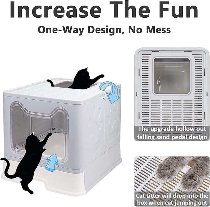 Foldable Cat Litter Box with Lid, Enclosed Potty, Large Top Entry Anti-Splashing Toilet, Easy to Clean Including Litter Scoop and 2-in-1 Cleaning Brush (Grey)-Mewly Pet