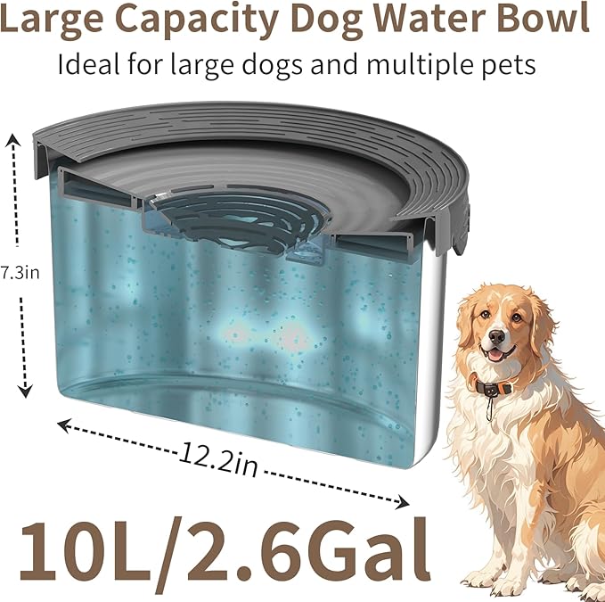 10L Dog Water Bowl No Spill 2.6 Gallon Super Large Capacity Stainless Steel No Splash Dog Bowls 338oz Slow Drinking Feeder with Non-Slip Base Pet Water Dispenser for Dogs-Mewly Pet