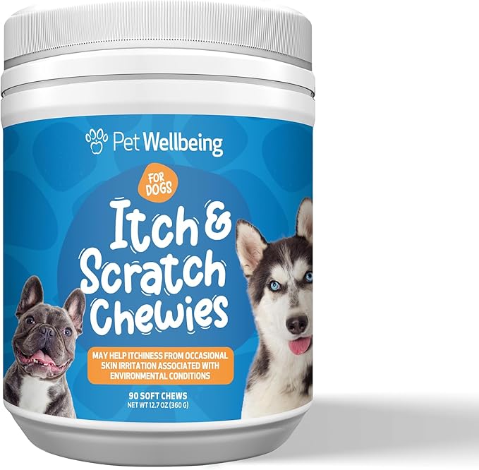 Pet Wellbeing Itch & Scratch Chewies for Dogs - Supports Healthy Itch Response to Occasional Skin Allergies, Skin Health, Chinese Pearl Barley, Phellodendron - Veterinarian-Formulated 90 Soft Chews-Mewly Pet