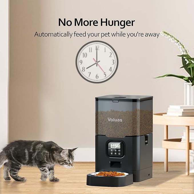 VOLUAS Cat Dry Food Dispenser with Timer, Automatic Cat Feeders with Desiccant Bag, Programmable Portion Size Control 4 Meals Per Day, 10s Voice Recorder-Mewly Pet