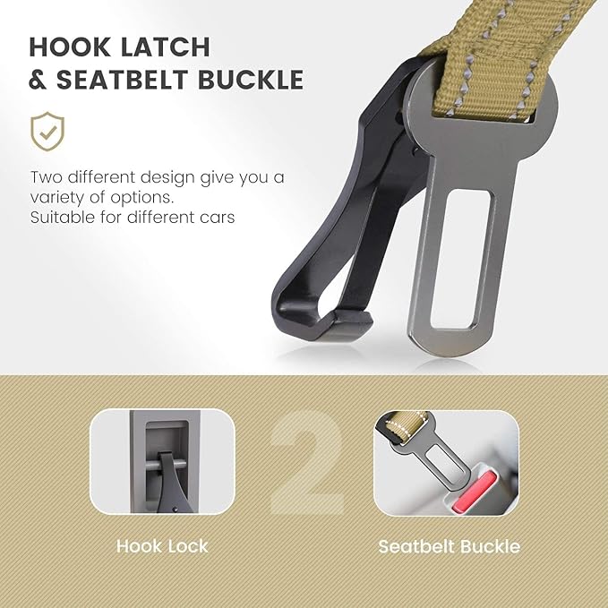 IOKHEIRA Dog Seat Belt 3-in-1 Car Harness for Dogs Adjustable Safety Seatbelt for Car Durable Nylon Reflective Bungee Fabric Tether with Clip Hook Latch & Buckle, Swivel Zinc Alloy Carabiner Green-Mewly Pet