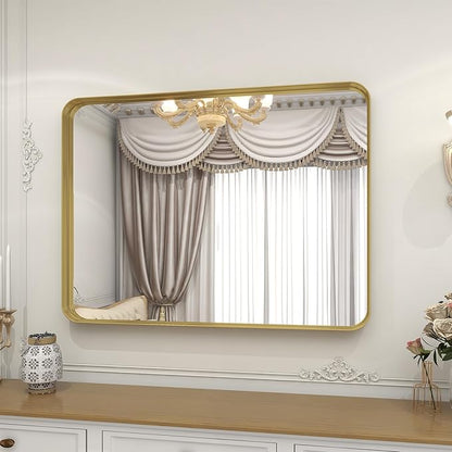 VooBang Bathroom Mirror 30x40 inch, Gold Gorgeous Deep Frame Wall Mirror, Modern Round Corner Bathroom Vanity Mirror for Bedroom, Living Room, Hanging or Leaning Horizontal or Vertical, Gold