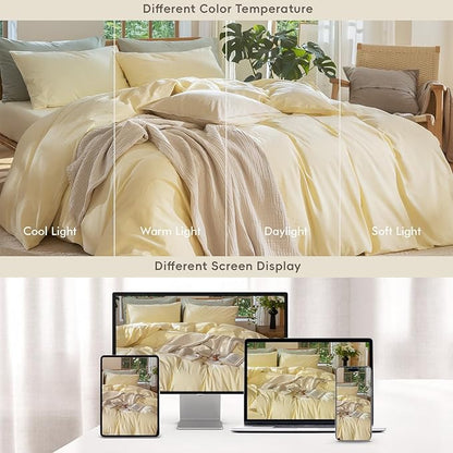 MooMee Bedding Duvet Cover Set 100% Washed Cotton Linen Like Textured Breathable Durable Soft Comfy (Heathered Butter Yellow, Twin 68"x90")