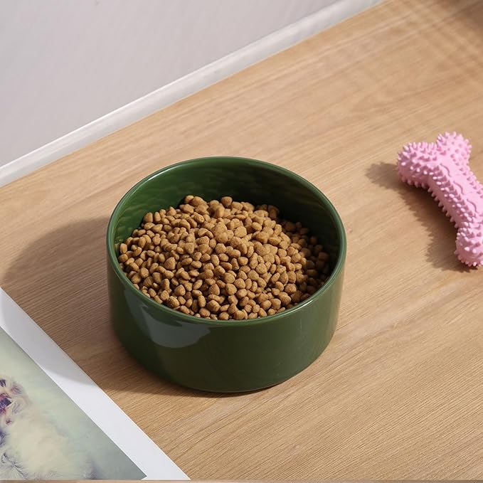 Petygooing Dog Bowls,Ceramic Cat Dog Bowl Set with Wood Stand for Food and Water,Non-Slip Cute Modern Pet Dish for Cats and Small Size Dogs (13.5OZ/5.1 in) Rust Green-Mewly Pet