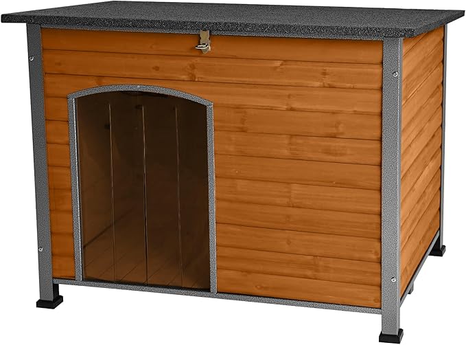 Indoor Outdoor Dog House,Anti-Chewing Iron Frame Dog Kennel,Wood Warm Pets Home,Weatherproof Outside Shelter (43.3" (L) x 29.4" (W) x 33.4" (H) Brown)-Mewly Pet