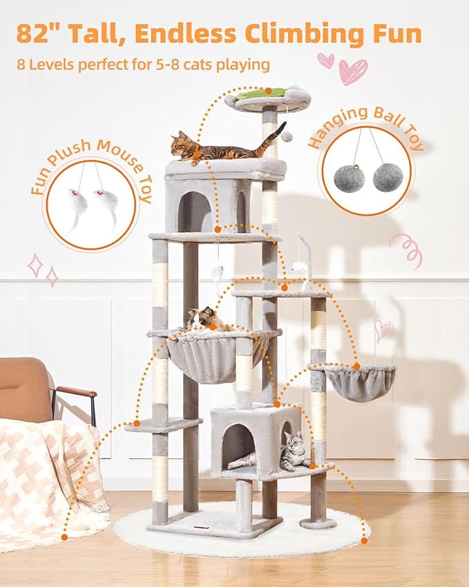 Taoqimiao 83In Heavy Duty Cat Tree, Suitable 20lb+ Large Cats, XXL-Cat Tower for Indoor Cats Large Adult, 2 Luxurious Cat Cando with 8 Scratching Posts,Oversized Metal Hammocks, Light Gray MS032W-Mewly Pet