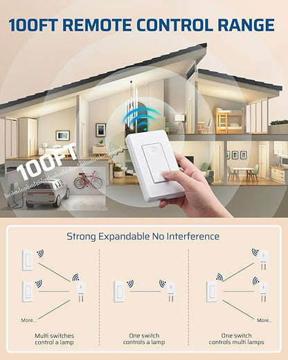 DEWENWILS Wireless Light Switch and Receiver Kit, 15A High Power, No Wiring, 100FT RF Range, 3 Way Remote Control Wall Switches for Lamps, Ceiling Lights, Fans, 2 Transmitter+1 Receiver