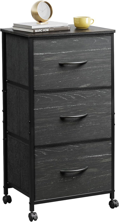 WLIVE Dresser with 3 Drawers, Fabric Nightstand, Cabinet with Wheels, Organizer Storage Dresser for Bedroom, Office, Closets, Sturdy Steel Frame, Easy Pull Handle, Charcoal Black Wood Grain Print