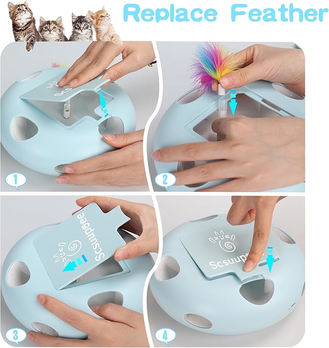 IInteractive Cat Toy, Electric Cat Toys for Moving Concealed Feathers, Smart Sensor 7 Holes Whack a Mole Feather Toy, USB Charge Automatic Kitten Toys,Blue-Mewly Pet