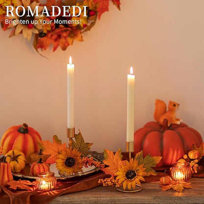 Romadedi Fall Candle Holder for Thanksgiving: Candlestick Holders Decor for Autumn Table Centerpiece Gold Party Decoration Indoor Kitchen Dining Fireplace Mantel Sunflower Maple Leaves Set of 2