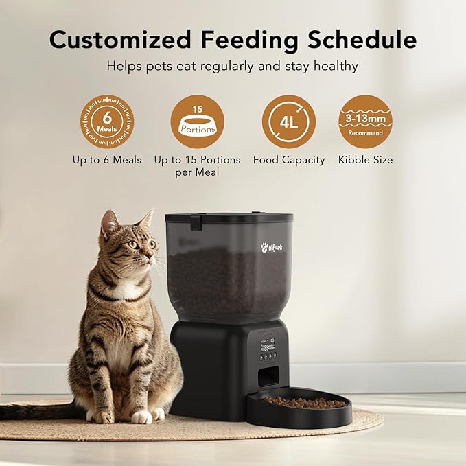 Automatic Dog & Cat Feeder with Freshness Preservation, 4L Timed Cat Feeder with LCD Screen.Up to 6 Meals Per Day and 1-15 Portion for Cats & Dog (Black)-Mewly Pet
