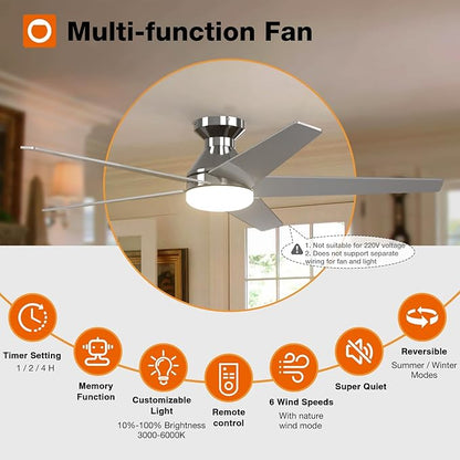 addlon Ceiling Fans with Lights, 52 inch Low Profile Ceiling Fan with Light and Remote Control, Flush Mount, Reversible, 3CCT, Dimmable, Noiseless, Nickel Ceiling Fan for Bedroom, Indoor/Outdoor Use