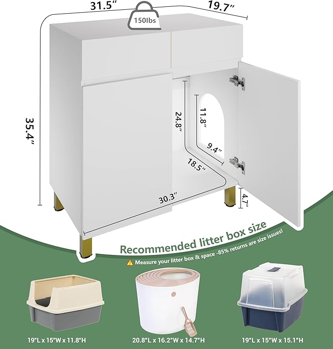 Large/Tall Litter Box Enclosure, Modern Wooden Litter Box Furniture for XL Litterbox with Drawer as Sideboard Cabinet (White)-Mewly Pet