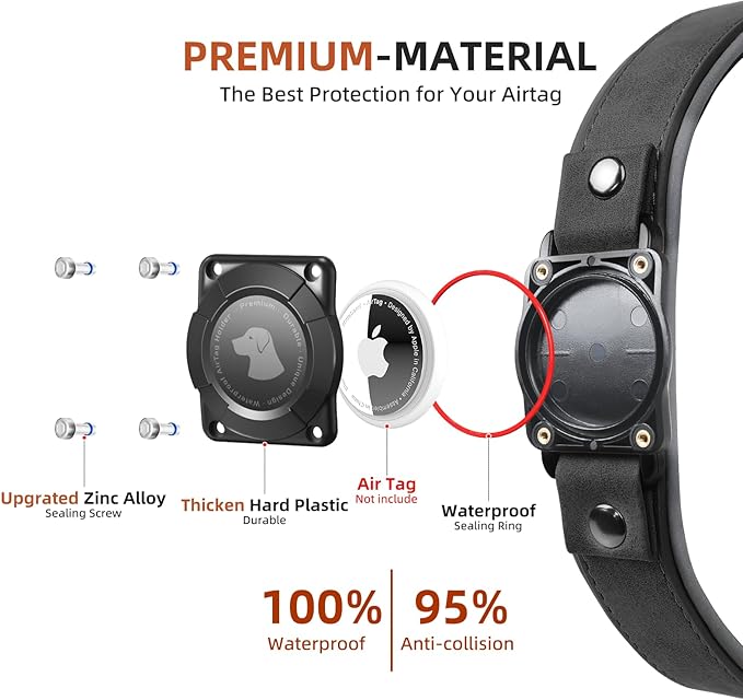 AirTag Dog Collar - Leather Dog Collar with Air Tag Holder | IPX8 Waterproof, Reflective, High - End, Adjustable Soft Padded | Dog GPS Tracker Collars Fit for Medium Large Dogs (Black, XL)-Mewly Pet