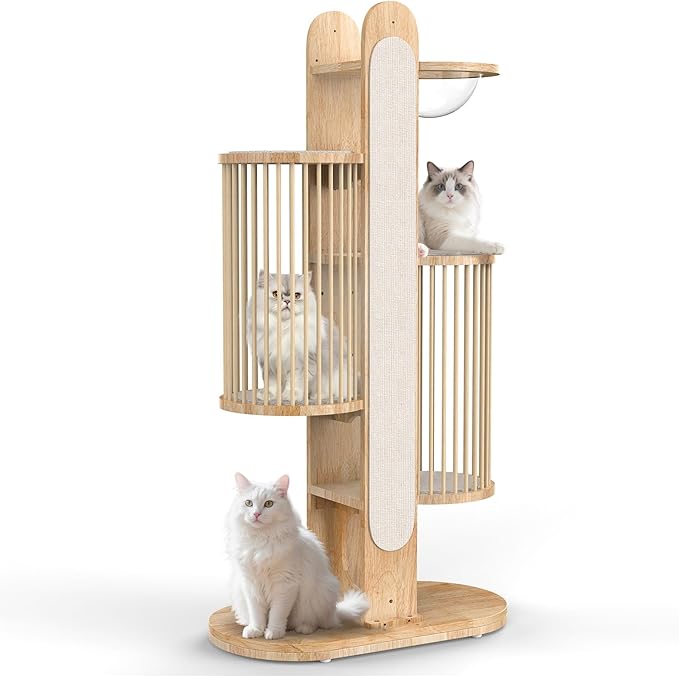 Modern Cat Tree Tower for Indoor Cats, 67" Tall Solid Wooden Cat Tower with Scratching Posts, 6 Level Natural Luxury Cat House with Big Bed, Washable Cushions Cat Furniture for Large Cats White-Mewly Pet