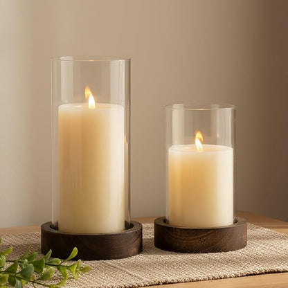 Set of 2 Hurricane Candle Holders with Wood Base & Glass Cylinder (4.2x5.9” & 4.6x7.8”) – Rustic Wooden Candle Holders for Home Decor, Weddings, Table Centerpieces