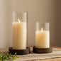 Set of 2 Hurricane Candle Holders with Wood Base & Glass Cylinder (4.2x5.9” & 4.6x7.8”) – Rustic Wooden Candle Holders for Home Decor, Weddings, Table Centerpieces