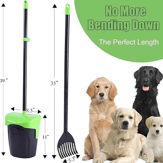 Pooper Scooper Large Swivel Bin & Rake with 160 Waste Bags,Heavy Duty Dog Pooper Scooper with Bag Attachment for Large Small Dogs, Long Handle Poop Scooper with Lid for Yard, Grass, Gravel (Green)-Mewly Pet