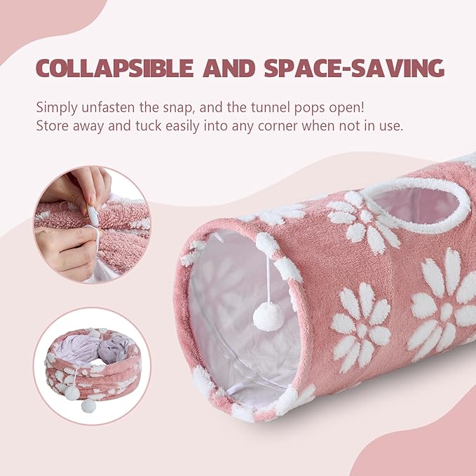 Straight Cat Tunnel for Indoor Cats 47"x12", Cute Cat Toys Collapsible Tunnel Tube with Balls for Puppy Kitten Rabbit, Pink Flower-Mewly Pet