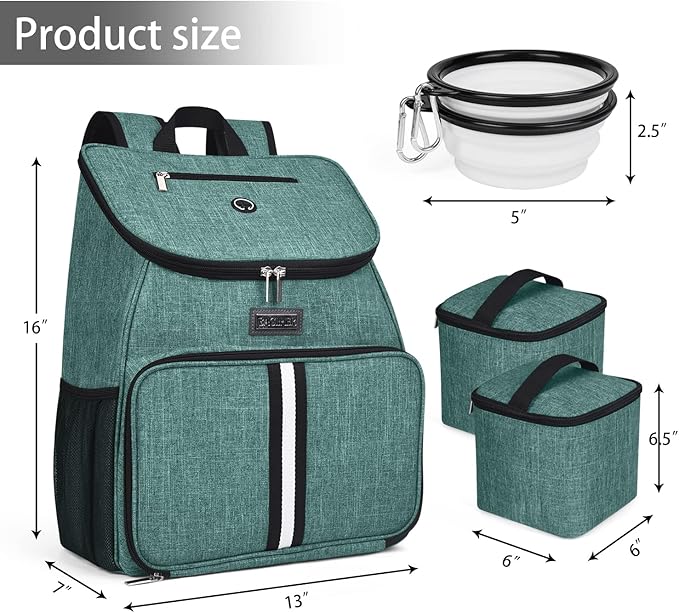 BAGLHER丨Dog Travel Bag, Airline Approved Pet Supplies Backpack, Dog Travel Backpack Accessories Set with 2 Silicone Collapsible Bowls and 2 Food Baskets. Green-Mewly Pet