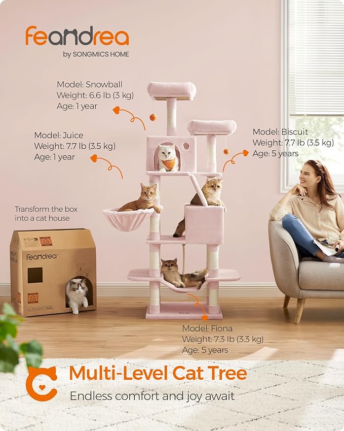 Feandrea Cat Tree, 66.1-Inch Large Cat Tower with 13 Scratching Posts, 2 Perches, 2 Caves, Basket, Hammock, Pompoms, Multi-Level Plush Cat Condo for Indoor Cats, Jelly Pink UPCT165P01-Mewly Pet