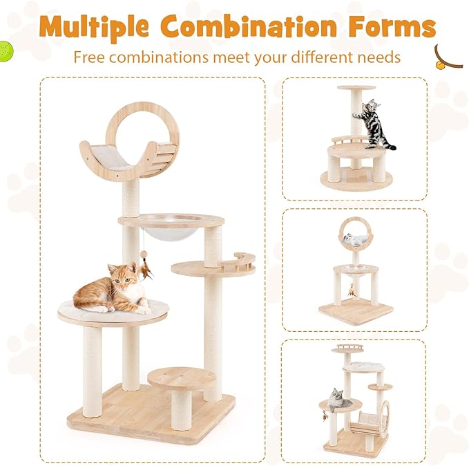 Tangkula Solid Wood Cat Tree, 4-in-1 Building Block Large Cat Tower with Space Capsule Nest, Scratching Posts, Padded Platform, Hanging Toy, Cat Tree Tower with 4 Transformations for Indoor Cats-Mewly Pet