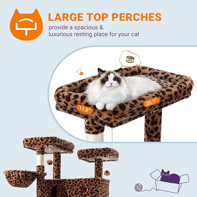 Allewie 81 Inches Tall Cat Tree/Multi-Level Large Climbing Tree House and Towers for Big Feline/Condo and Hammock/Scratching Post/Wide Base/Leopard Print-Mewly Pet