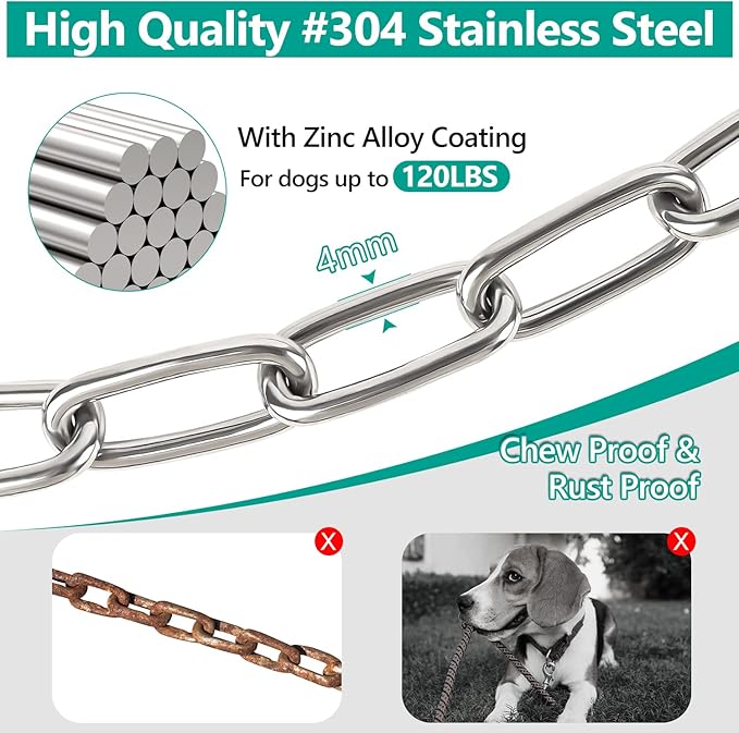 Tresbro Heavy Duty Dog Chains for Outside, 30FT Stainless Steel Tie Out Cable with Swivel Hook for Large Medium Dogs, Metal Chew Proof Pet Runner Chain Leash for Outdoor Camping Hiking Yard Lead, 4MM-Mewly Pet