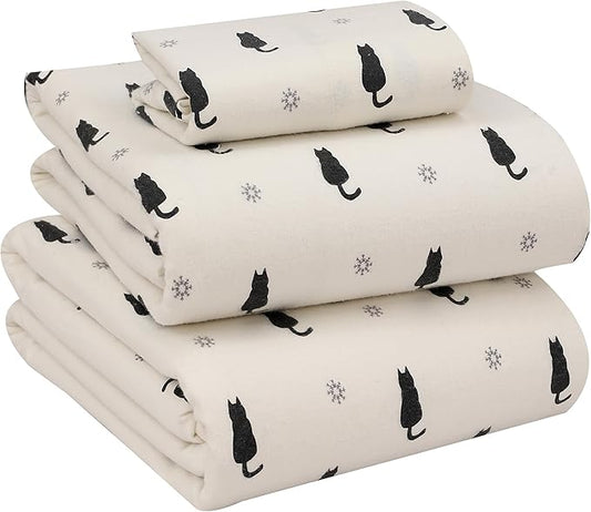 RUVANTI Flannel Sheets Twin XL Size - 100% Cotton Double Brushed Twin XL Sheet Sets, Deep Pockets 16 Inches, All Seasons Breathable & Extra Soft Bed Sheets, Warm & Cozy, 3 Piece, Black Cat
