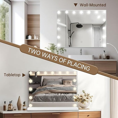 Hollywood Vanity Mirror with Lights, 23"x18" Lighted Makeup Mirror for Desk/Wall Mount with 15 Led Bulbs, 3 Lighting Modes for College Dorm, Bedroom & Dressing Room (White)