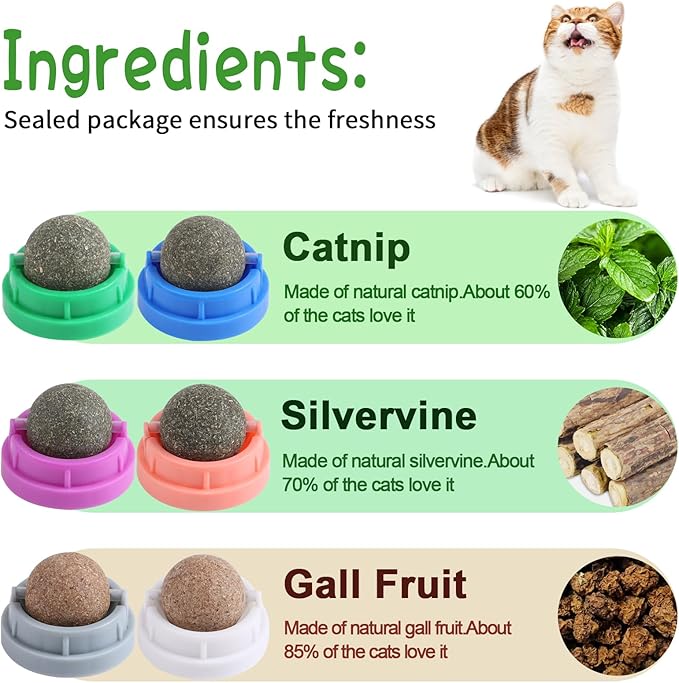 CCINEE 6PCS Catnip Balls for Cats Wall Catnip Toys Edible Cat Toys for Cat Lick Safe Healthy Kitten Chew Toys Teeth Cleaning Dental Cat Toys-Mewly Pet