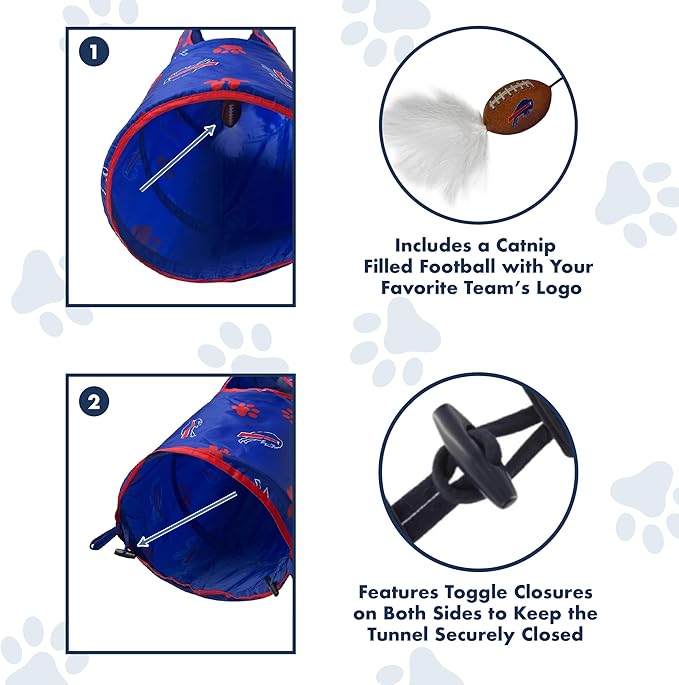 NFL Buffalo Bills Cat Tunnel Tube Toy with Plush Football Catnip and Feathers Collapsible Tunnel for Cats to Play, Peek and Hide, Sporty & Fun Cat Tunnel Toy with Team Logo All-Over Design!-Mewly Pet