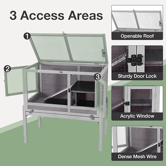 Guinea Pig Cage with Wooden Stand - Hamster Cage, Small Animal Cage Anti Chew Ramp, Hideout, Platform, Pull Out Tray (Grey, L)-Mewly Pet