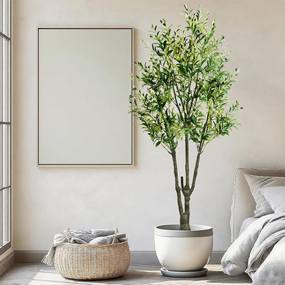 6.23ft Artificial Olive Tree, Faux Olive Tree with Lifelike Fruits, 74.8in Fake Olive Tree with Sturdy Plastic Pot, Artificial Plants for Office Home Living Room Indoor Outdoor Decor