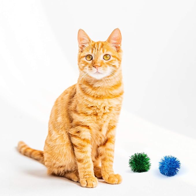 AUEAR, 12 Pack 2 Inch Sparkle Ball Shiny Glitter Tinsel Pom Poms Interactive Cat Balls for Kittens (6 Colors)-Mewly Pet